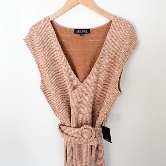 Eloquii rust tan extended shoulder rib mini dress with monochromatic belt - Picture 4 of 8